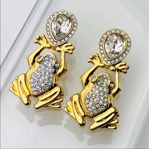 💥🎊🎉HOST PICK 💥🎊🎉 RARE VTG 80s VALENTINO CRYSTAL FROG EARRINGS - Picture 5 of 12
